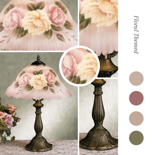 Touch of Class Beccalynn Table Lamp - Light Cream - Painted by Hand - Rose Pink - Floral Bedside Desk Lighting - Old Fashioned Style - Handcrafted Glass Lampshade for Bedroom, Living Room