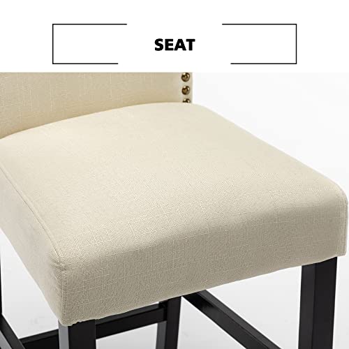 LSSBOUGHT Counter Stools, 24 inches Upholstered Bar Chairs with Solid Wood Legs and Nailed Trim Set of 2 (Beige)