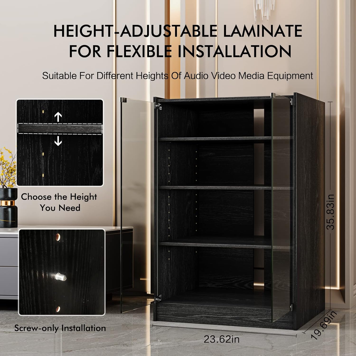 Media Storage Cabinet with Height Adjustable, 4-Tier Shelves Audio Video Media Stand Cabinet, Modern AV Cabinet with Glass Doors, Storage for Entertainment Stereo Component