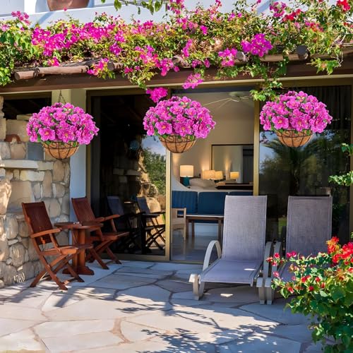 Artificial Hanging Flowers with Basket, Silk Azalea Flowers in Coconut Lining Hanging Baskets, Fake Hanging Plants for Outdoors Indoors yard Garden Patio Home Room Porch Decorations (Fuchsia)