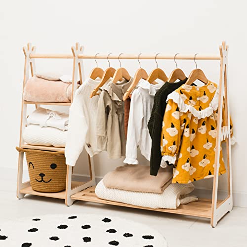 Montessori Teepee Style Clothing Rack Furniture for Toddler Wood Kids Playroom Natural Wooden Nursery Baby Neutral Room Storage Clothes Shelf Kids Gift 2nd 3rd Birthday (Small, Dark Walnut)