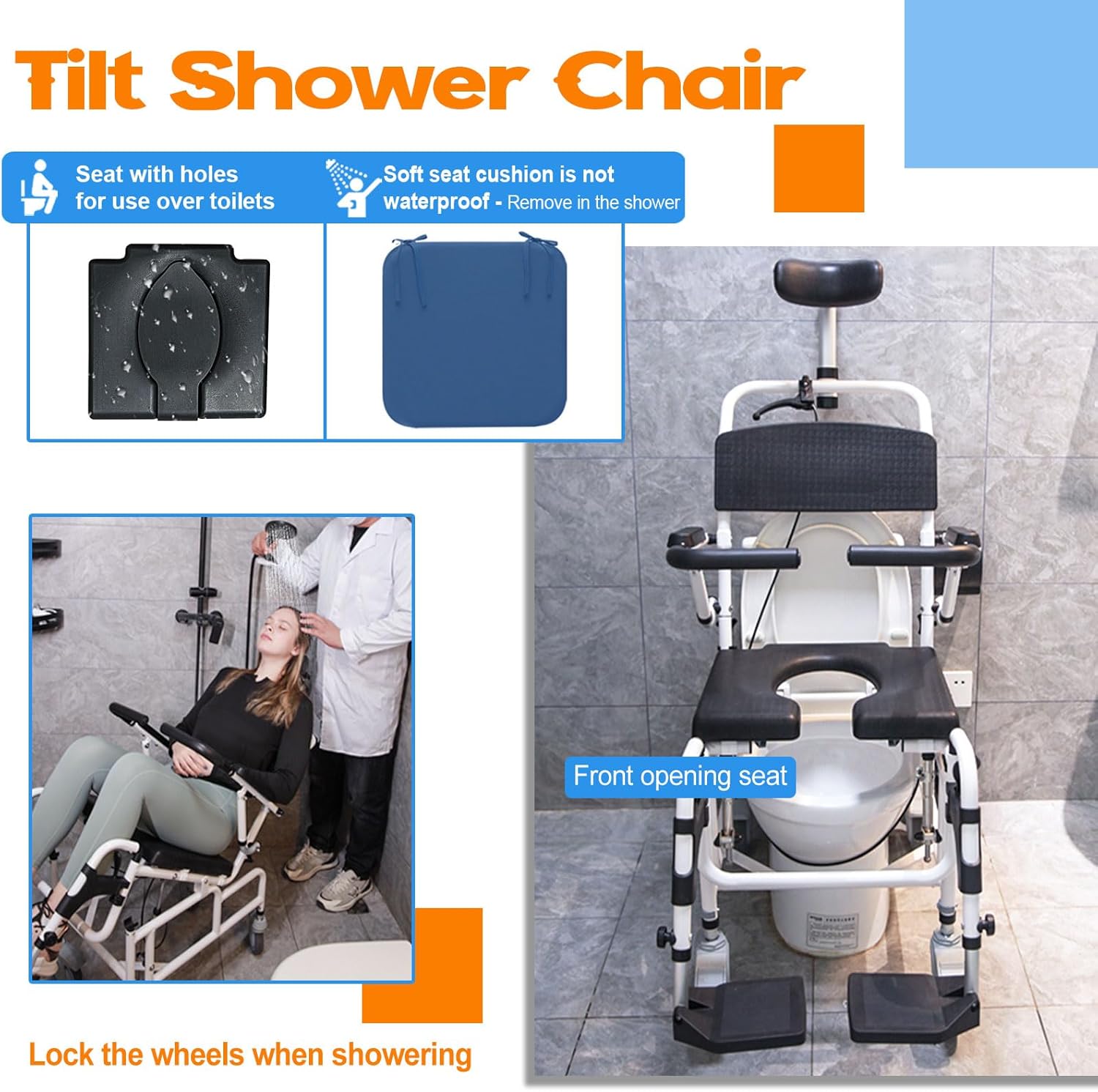 Upgrade Cushion-Juiwere Shower Chair with Arms and Back,Reclining Shower Chair with Wheels,Tilt 45° Shower Wheelchair with Headrest,Medical Shower Chairs for Adults