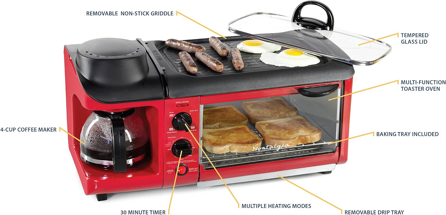 Nostalgia BSET300RETRORED 3-in-1 Family Size Breakfast Station, Red
