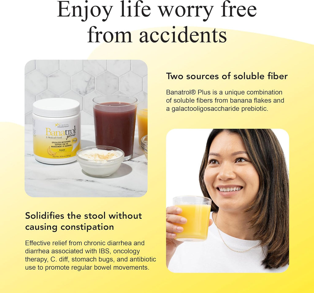 Banatrol® Natural Anti-Diarrheal with Prebiotics, Relief from Chronic Diarrhea, IBS, Recurring Diarrhea, Clinically Supported Medical Food, Non-Constipating, 90 Servings (Banana)