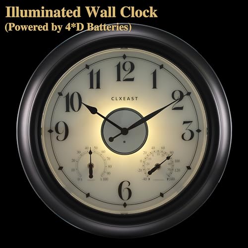 Illuminated Outdoor Clocks Waterproof 18 inch with Smart Sensor,Large Outdoor Clock with Thermometer & Hygrometer for Garden Patio Pool,Oil Rubbed Bronze Black,Unique Housewarming Gifts