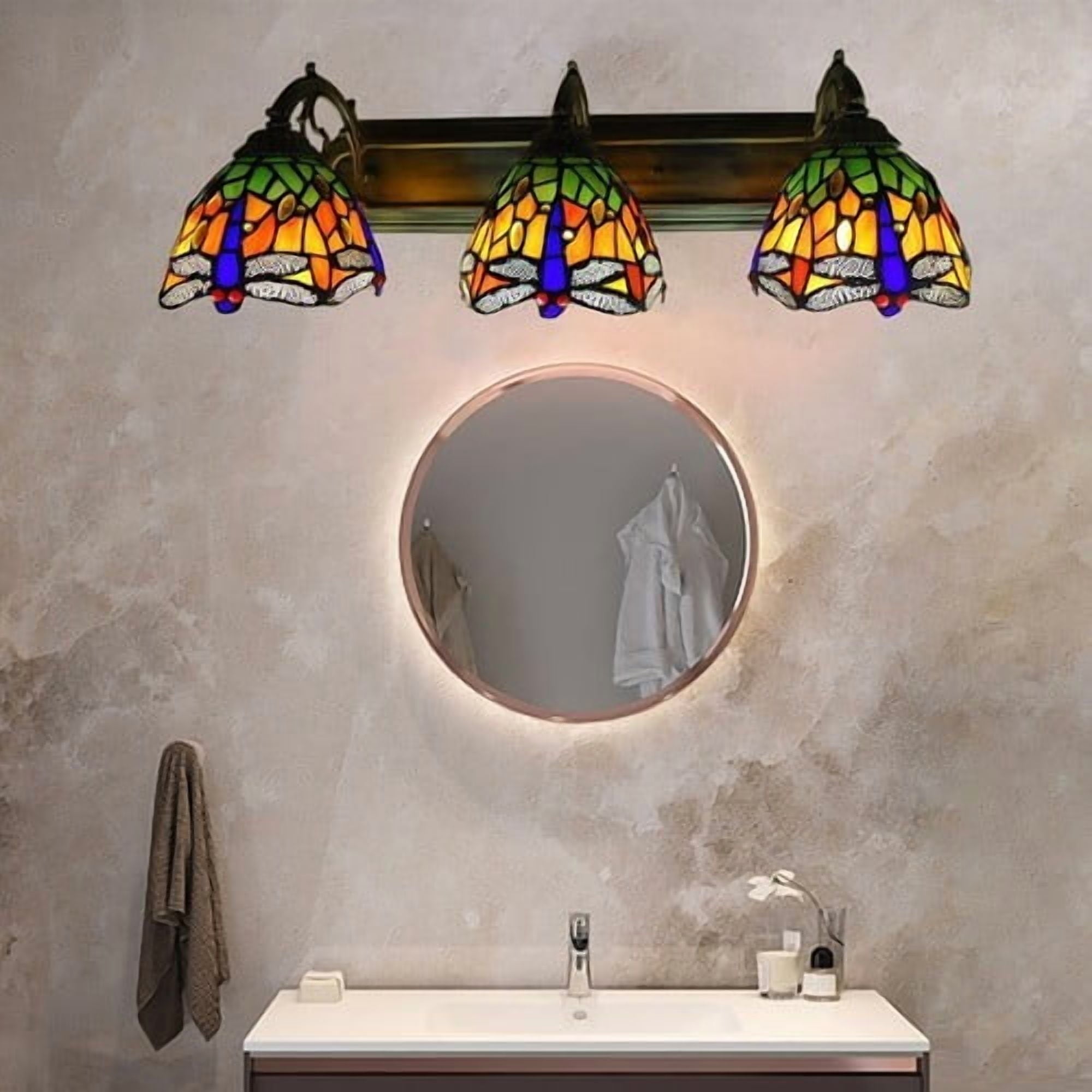 Wall Sconce Lamp Tiffany Vanity Light Fixtures Stained Glass Lampshade 3-Light 110-240V 60W 60*12cm for Kitchens, Hallways, Cafes
