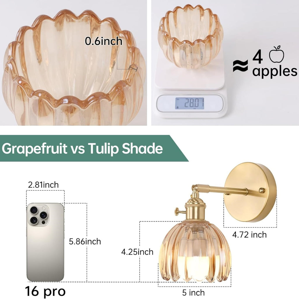Vintage Battery Operated Wall Sconce with Cute Amber Tulip Glass Lampshade Wireless Rechargeable Battery Powered Wall Light with Remote Control for Bedside Bedroom Doorway, Set of 2