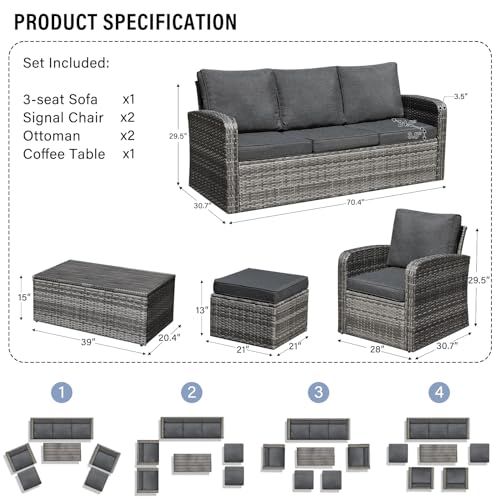 6 Pieces Patio Furniture Sets w/Cushions and Coffee Table, All Weather Wicker Outdoor Patio Conversation Sets w/Comfy Armrest,Patio Sectional Sofa Sets for Garden,Poolside,Backyard,Brown