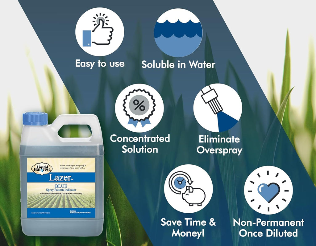 Liquid Harvest Lazer Blue - 32 Ounces - Concentrated Spray Pattern Indicator - Perfect Weed/ Fertilizer Marking Dye, Turf Mark and Blue Herbicide Marker