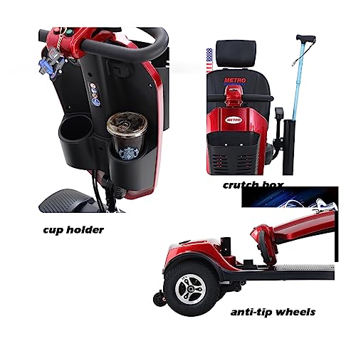 4 Wheel Mobility Scooter, Portable Electric Power Wheelchair, Range Extended Battery Compact Heavy Duty Travel Scooter, with Front Rear Lights and Basket for Seniors, Adults,Handicapped, Elderly (Red)