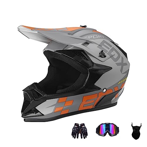 Motocross Helmet Set with Goggles Gloves Mask , DOT Certified Outdoor Adventure Dirt Bike Racing Crash Helmet Youth Men Women Off-Road ATV BMX MX Helmet Grey/Orange S~XL