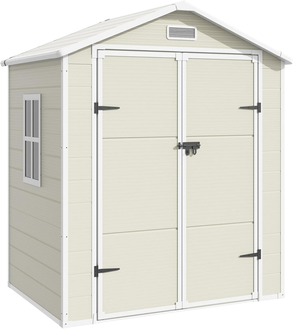 Outdoor Storage Shed, 6x4.5 FT Resin Shed with Floor and Lockable Door for Bike, Garbage Cans, Garden Accessories, Sandstone