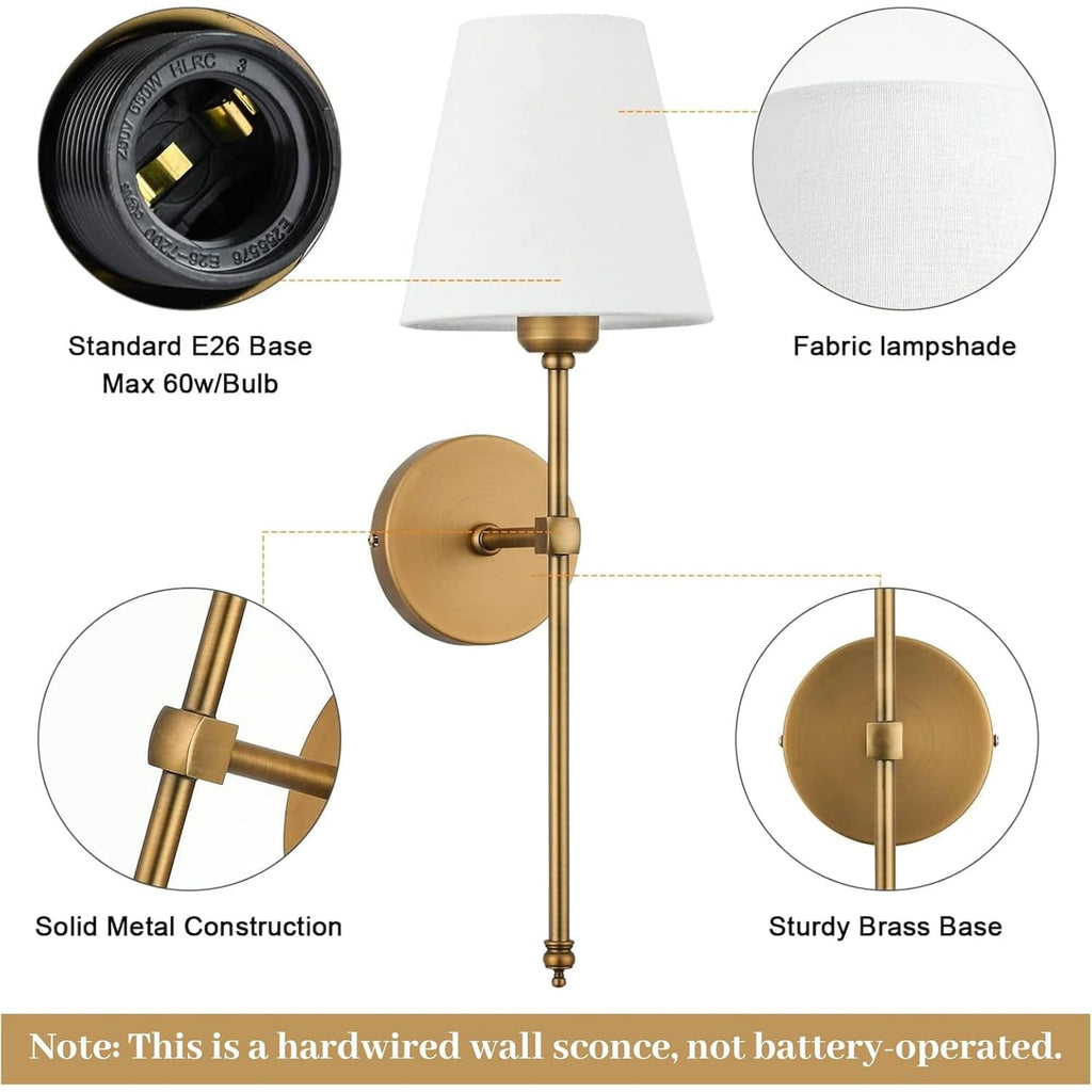 Wall Sconces Sets of 2, Hardwired Classic Brushed Brass Sconces Wall Lighting, Bathroom Vanity Light Fixture with Fabric Shade for Bedroom Living Room Hallway Kitchen, Gold