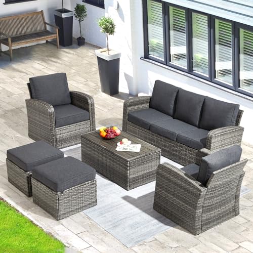 6 Pieces Patio Furniture Sets w/Cushions and Coffee Table, All Weather Wicker Outdoor Patio Conversation Sets w/Comfy Armrest,Patio Sectional Sofa Sets for Garden,Poolside,Backyard,Brown