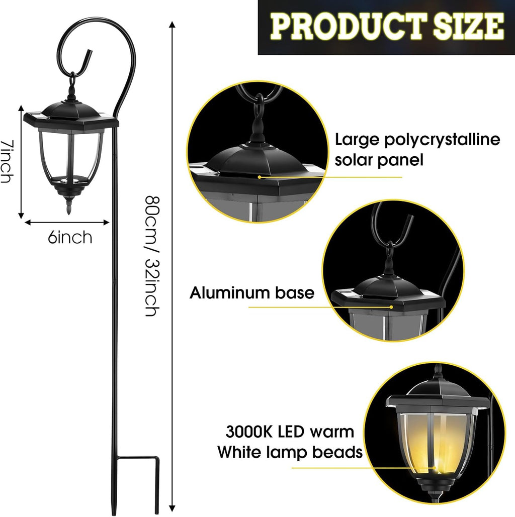 6 Pcs 32" Hanging Solar Lantern Lights with Dual Use Shepherd Hooks Outdoor LED Garden Lanterns Decorative Waterproof Pathway Hanging Lights Solar Coach Lights for Garden Patio
