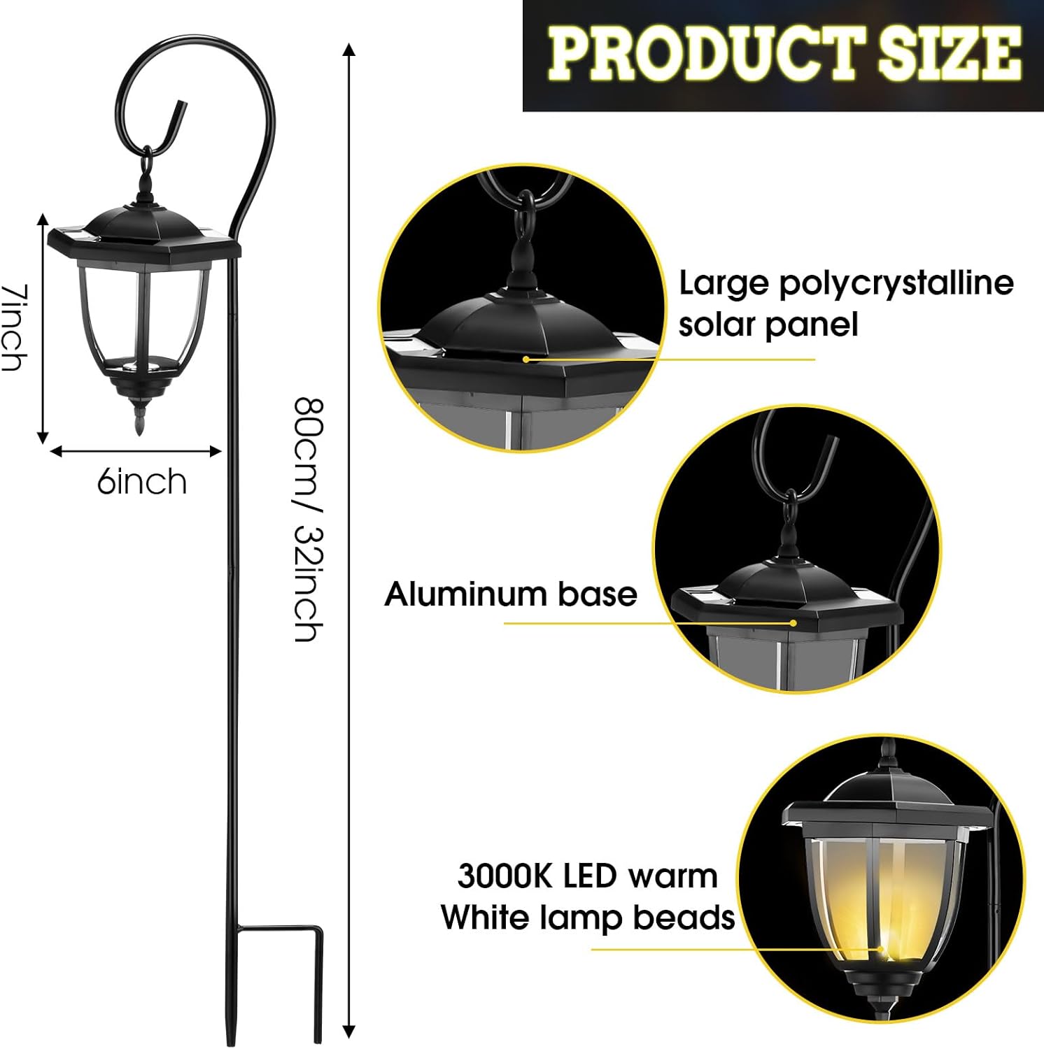 6 Pcs 32" Hanging Solar Lantern Lights with Dual Use Shepherd Hooks Outdoor LED Garden Lanterns Decorative Waterproof Pathway Hanging Lights Solar Coach Lights for Garden Patio