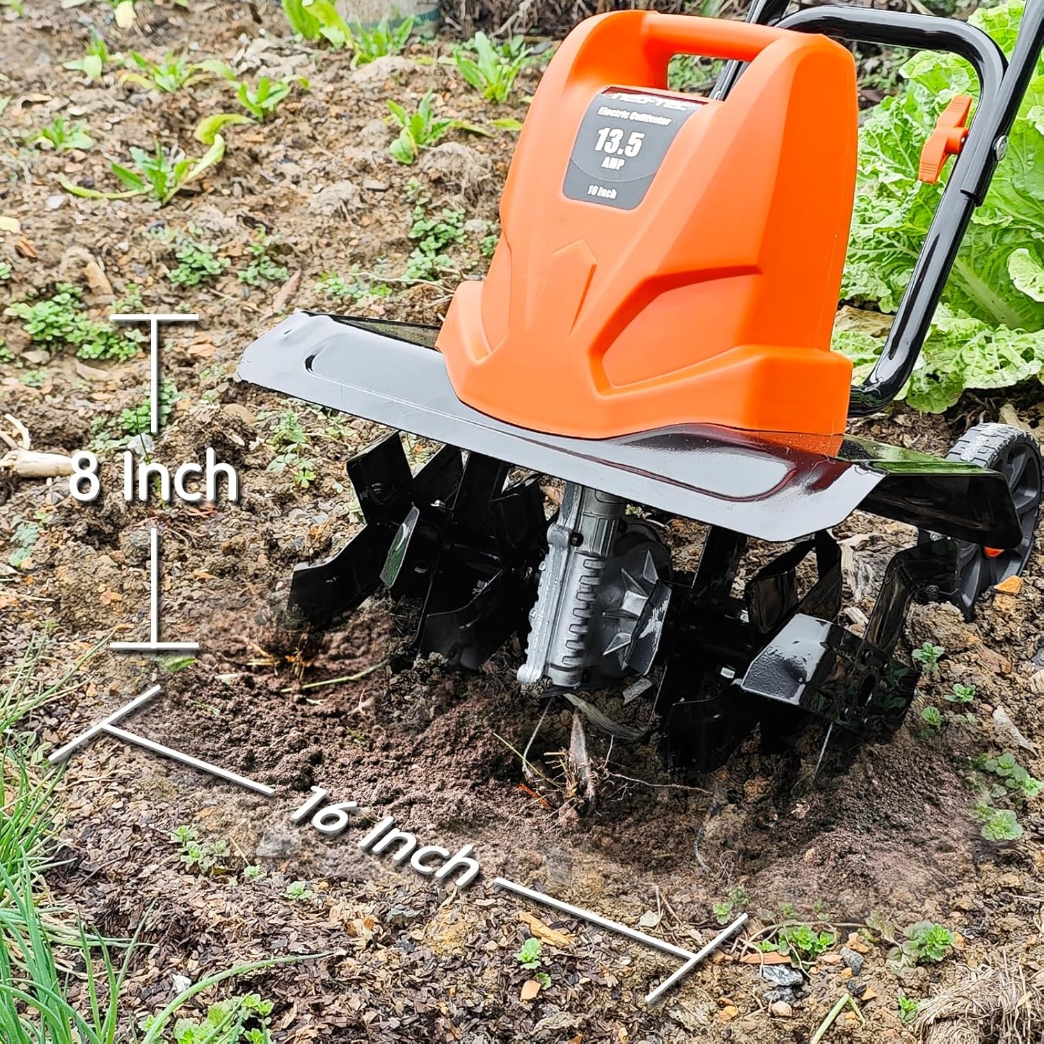 NEO-TEC 16 Inch 13.5 AMP Electric Corded Garden Tiller & Cultivator, Rototiller for Garden Tool, 8'' Tilling Depth Foldable Handle 6 Tines Tiller for Gardening