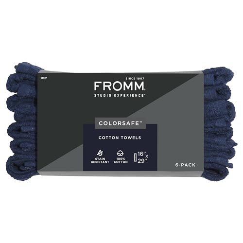 Fromm ColorSafe 100% Cotton Bleach Proof Salon Hair Towels for Hairstylists, Barbers, Spa, Gym in Black, 16" by 29", 6 count Absorbent Stain Resistant Towels for Drying Curly, Long, Wavy Hair