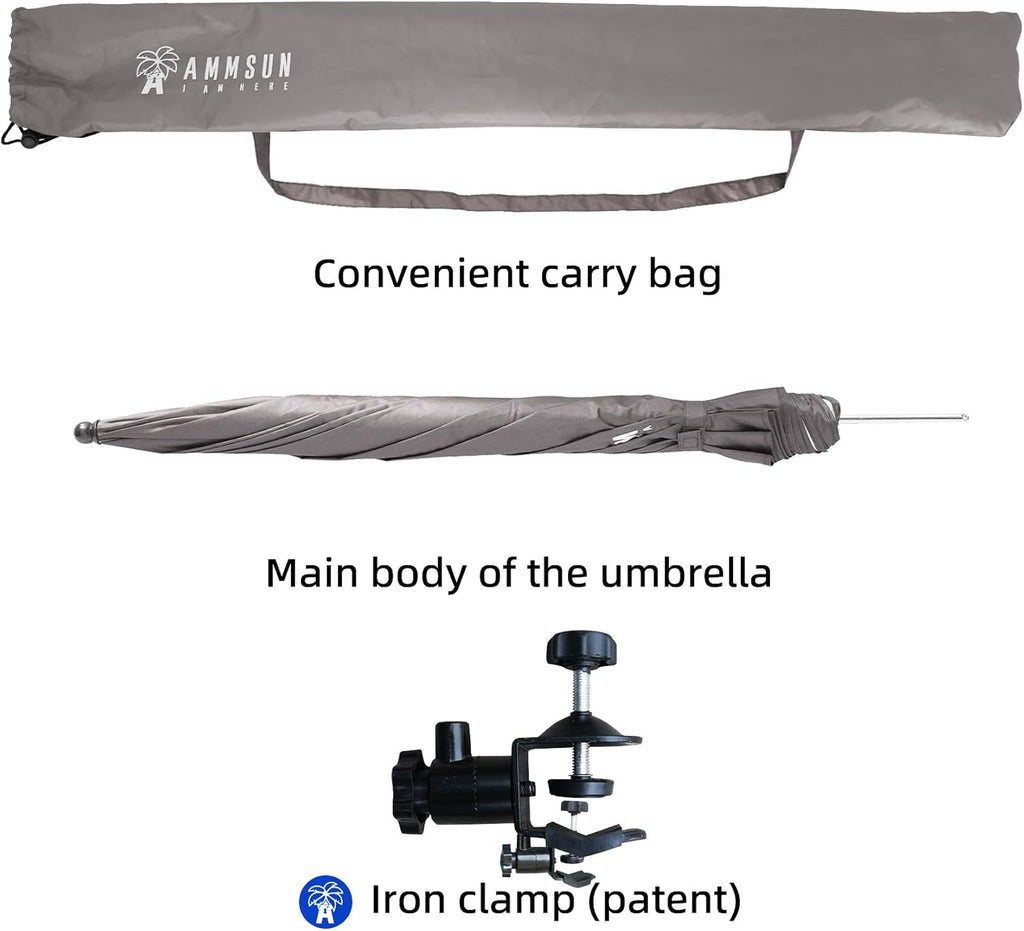 AMMSUN XL Chair Umbrella with Universal Clamp 52 inches and 360-degree Swivel UPF 50+, Portable Clamp on Camping or Beach Chair, Stroller, Wheelchair, Gray