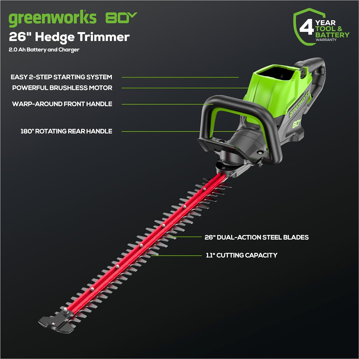 Greenworks 80V 26" Brushless Hedge Trimmer, 2.0Ah Battery and 2A Charger