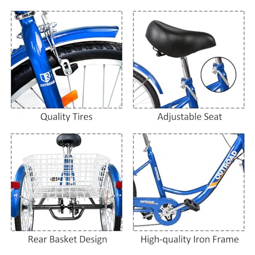 7-Speed Adult Tricycle with Large Basket 24/26 Inch, Stable 3-Wheel Cruise Bicycle for Shopping, Beach and City Trike Perfect for Men, Women, Seniors(Red/Blue)