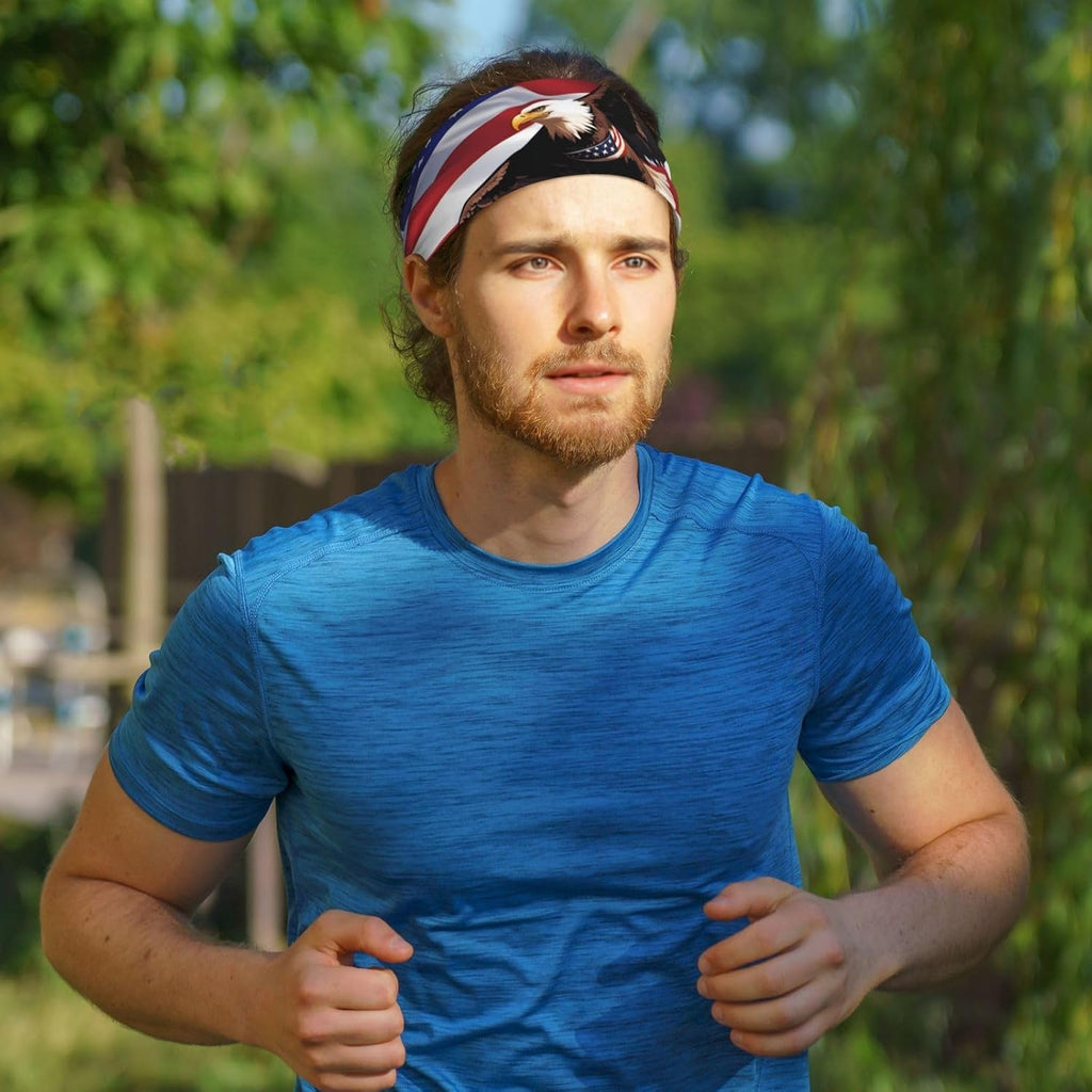 Elastic Exercise Headband for Men & Women Moisture Wicking Athletic for Running, Gym, Working Out USA Patriotic Eagle with American Flag Pattern