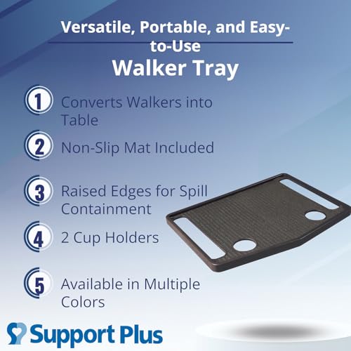 Support Plus Walker Tray Table - Mobility Table Tray for Walker, Non Slip Walker Tray Mat, Walker Accessories Mat, Cup Holder for Walker (21"x16") - Black