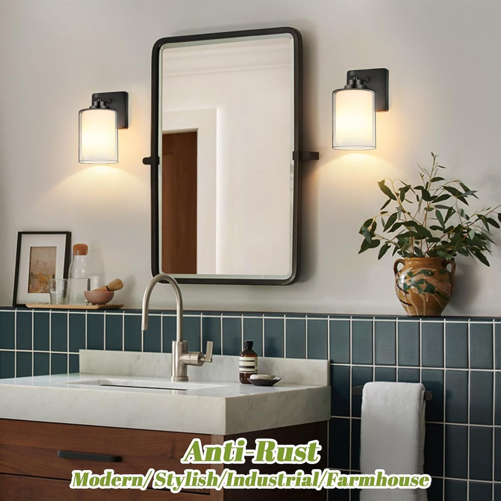Set of 2 Wall Sconces for Bathroom, Modern Vanity Light Fixtures, Matte Black Wall Mount Lighting Lanterns, Farmhouse Wall Lights with Double Clear Glass Shade for Bedroom Living Room Mirror Hallway