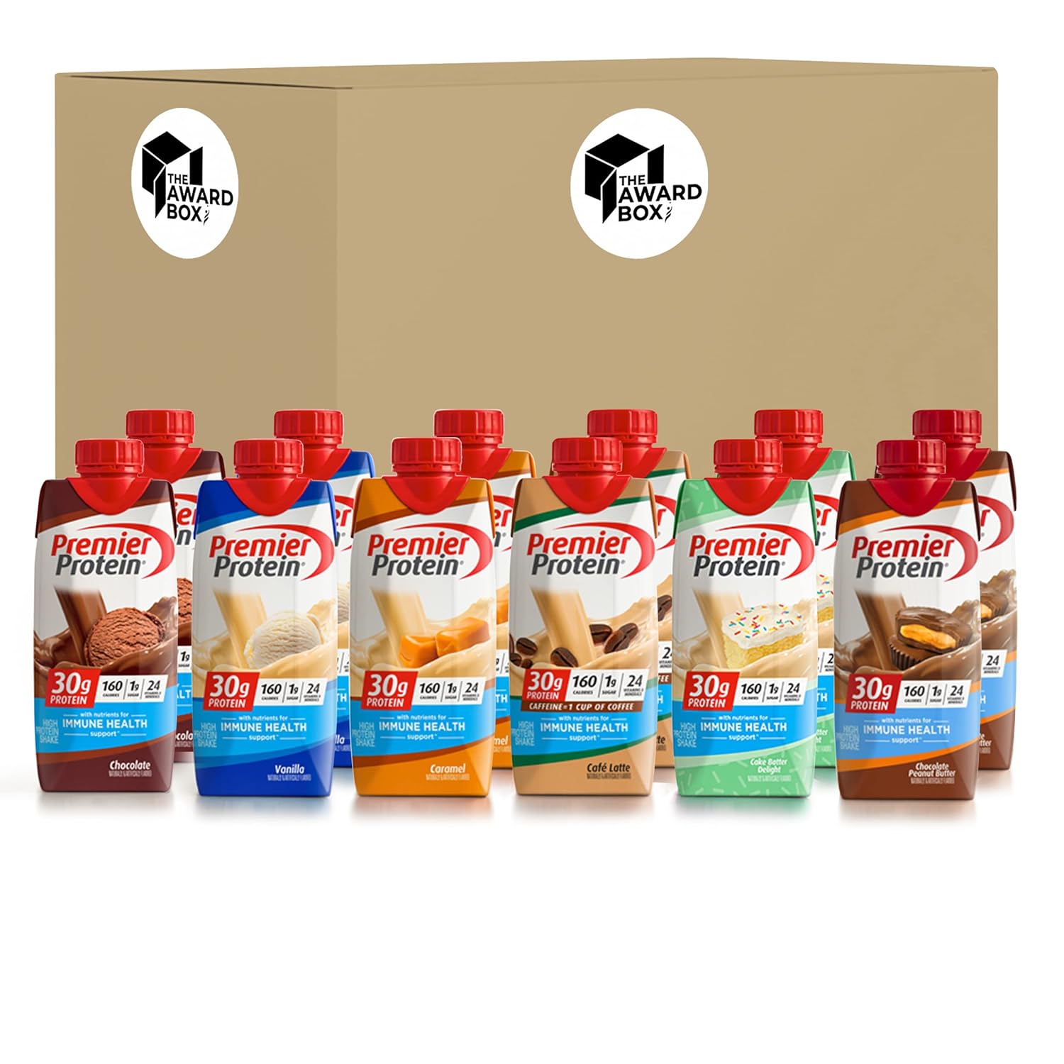 Premier Protein High Protein Shakes Variety Sampler Pack, 11 Fl. Oz Each - Cafe Latte, Chocolate, Vanilla, Caramel, Cake Batter, Chocolate Peanut Butter - 2 of Each Flavor (12 Pack) in The Award Box Packaging