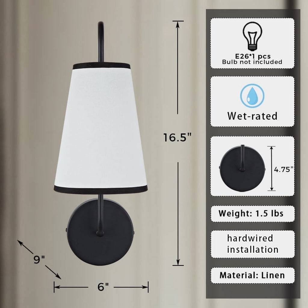 Minimal Elegant Black Sconce, Modern White Linen Shade Sconce for Bedroom, Living Room, Bathroom
