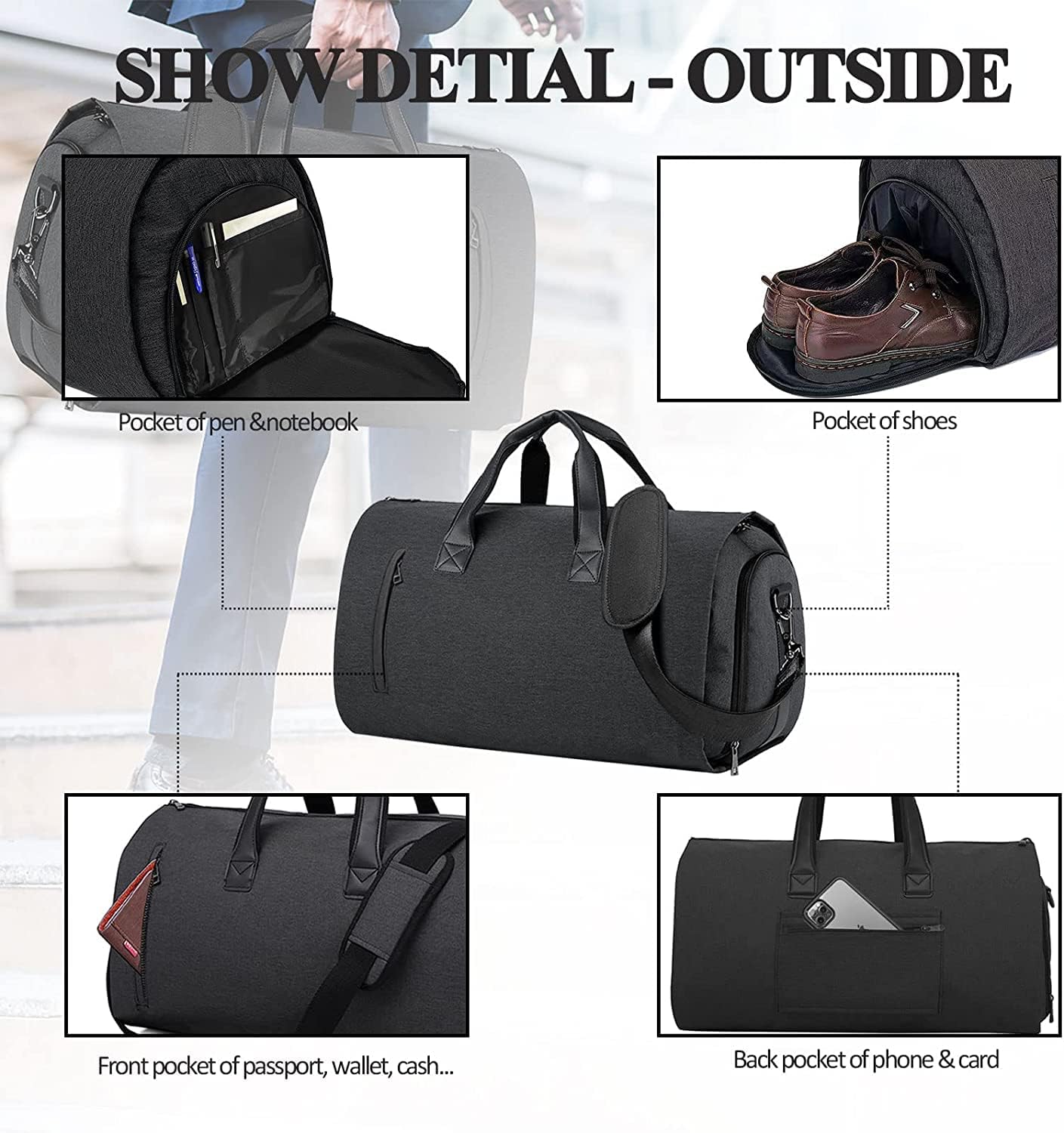 Carry On Garment Bag for Travel Suit Bag Men Women Dress, Convertible Garment Duffel Bag Hanging Clothes,Weekend Duffle Bags,Foldable Carry On Bag with Shoe Compartment Pockets Shoulder Strap