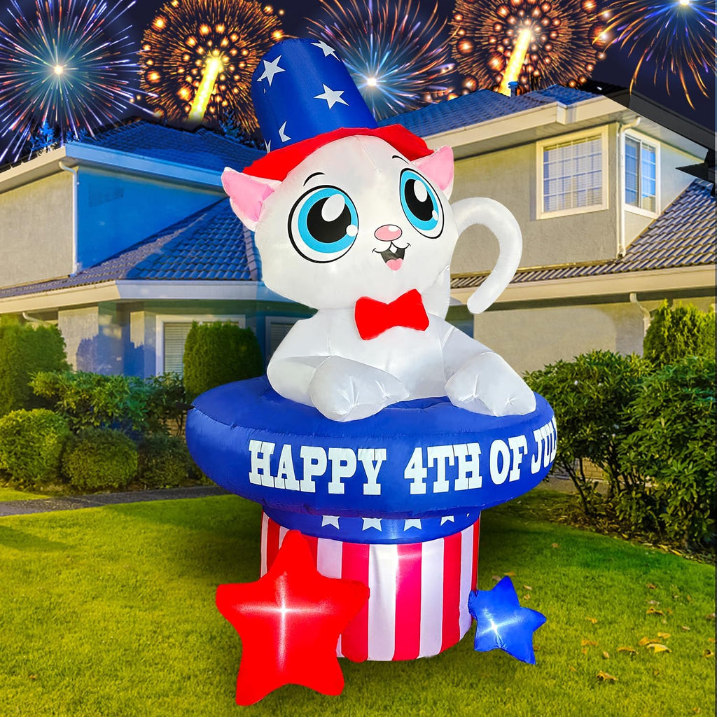 5 FT Patriotic Inflatable Cat 4th of July Inflatables Outdoor Decorations Build-in LED Lights Memorial Day Inflatables Fourth of July Decor for Party Garden Yard Lawn