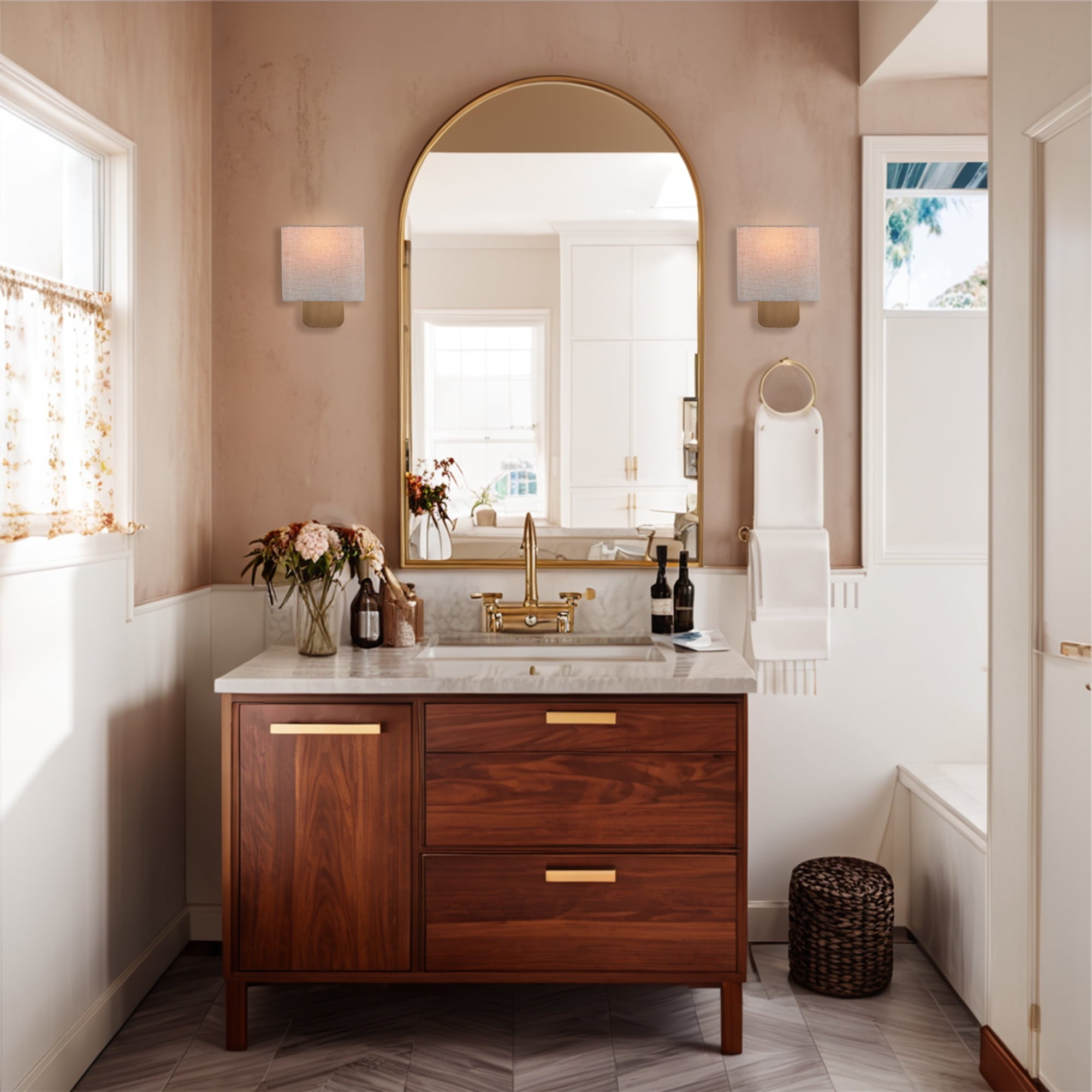 Modern Aleena Sconce with Linen Shade, Bedroom Wall Light Sconces, Modern Bathroom Sconces