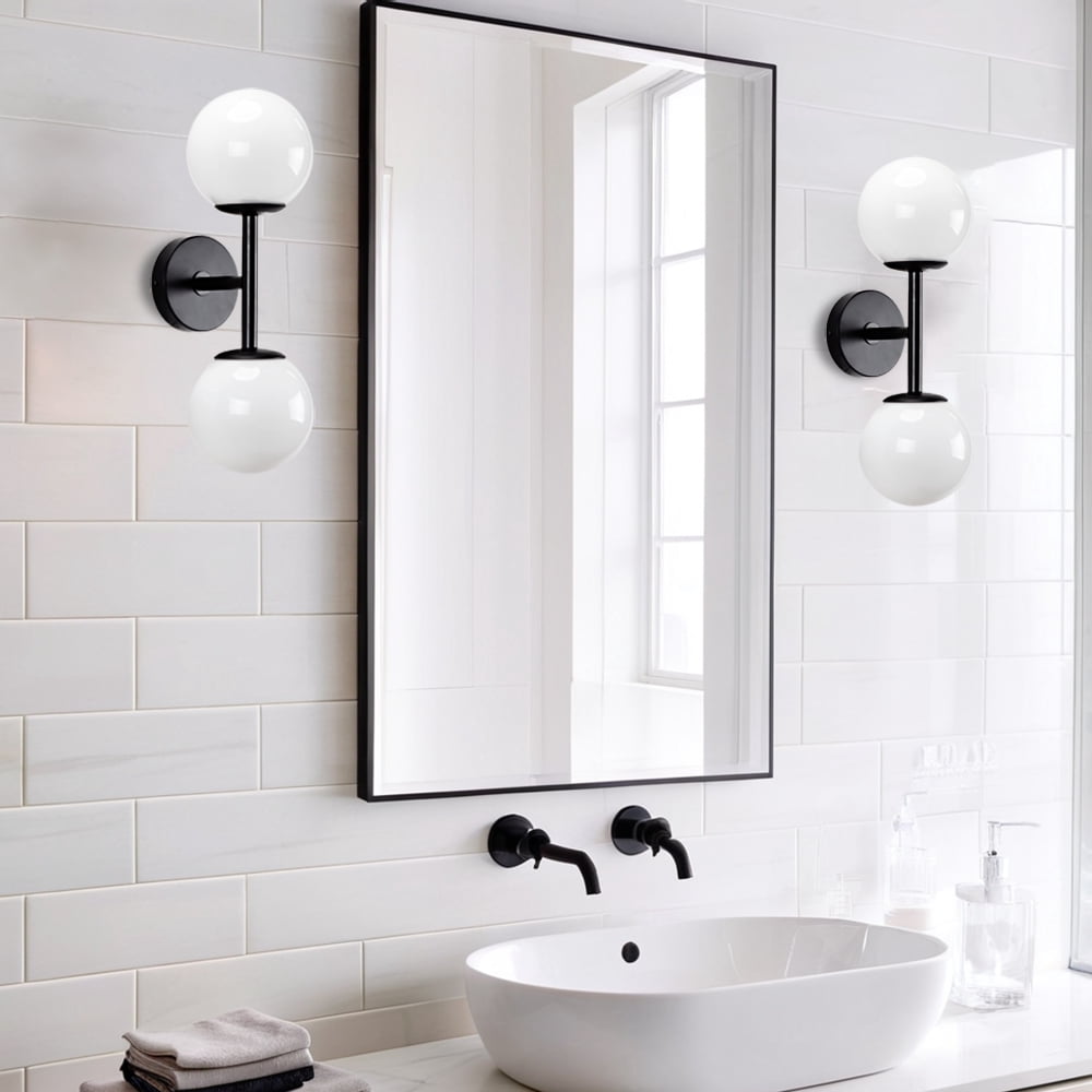 Modern Black Milk Glass Double Sconce - Stylish Bathroom Vanity Light & Kitchen Wall Sconce