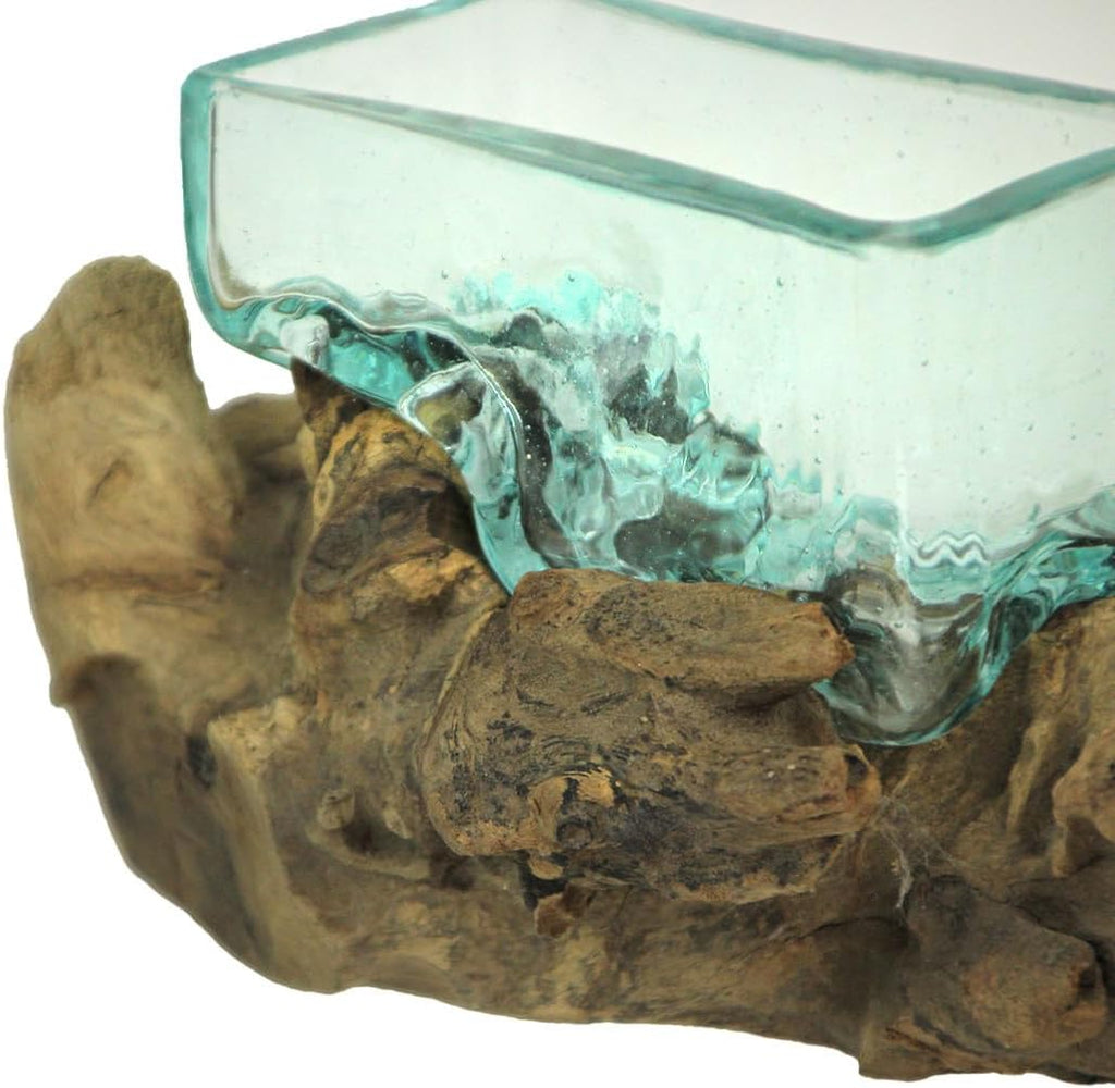 Rectangular Glass On Driftwood Decorative Bowl/Vase/Terrarium Succulent Planter Brown
