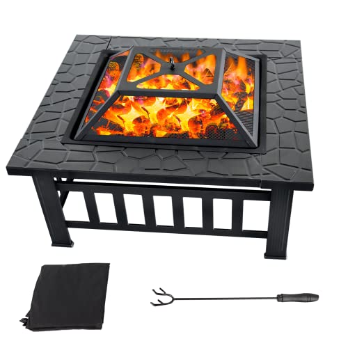30" Fire Pit Table with Marble Tile Top, Fire Pit with Spark Screen Lid, Fire Grate, Waterproof Cover, and Fire Poker for Outside Patio, Yard Party, Garden
