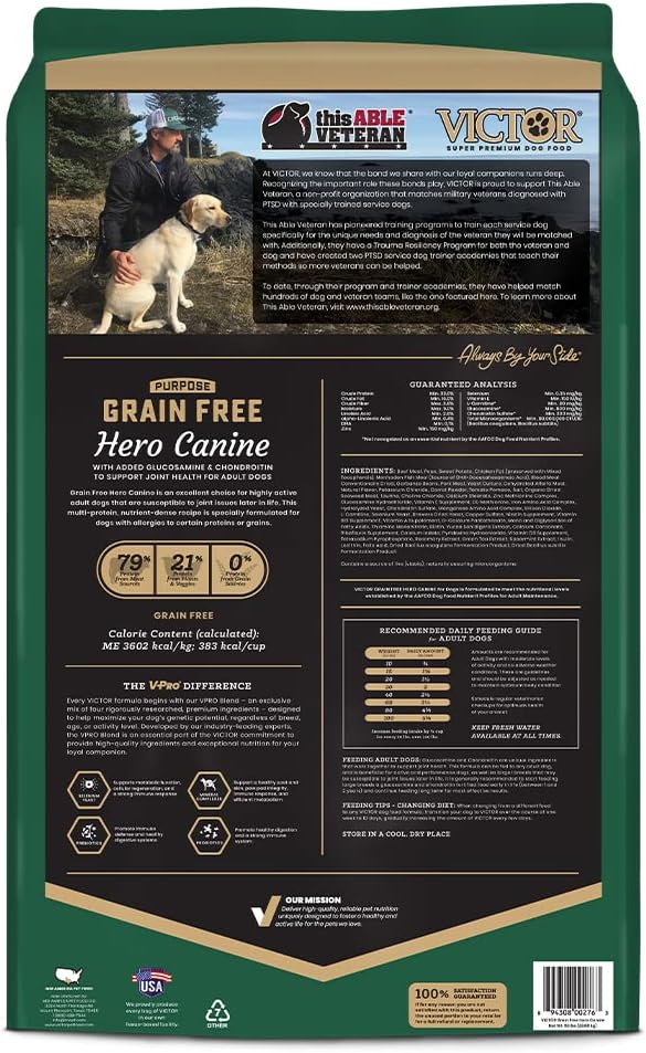 Victor Super Premium Dog Food – Purpose - Grain Free Hero Canine – Premium Gluten Free Dog Food for Active Adult Dogs – High Protein with Glucosamine and Chondroitin for Hip and Joint Health, 50lbs