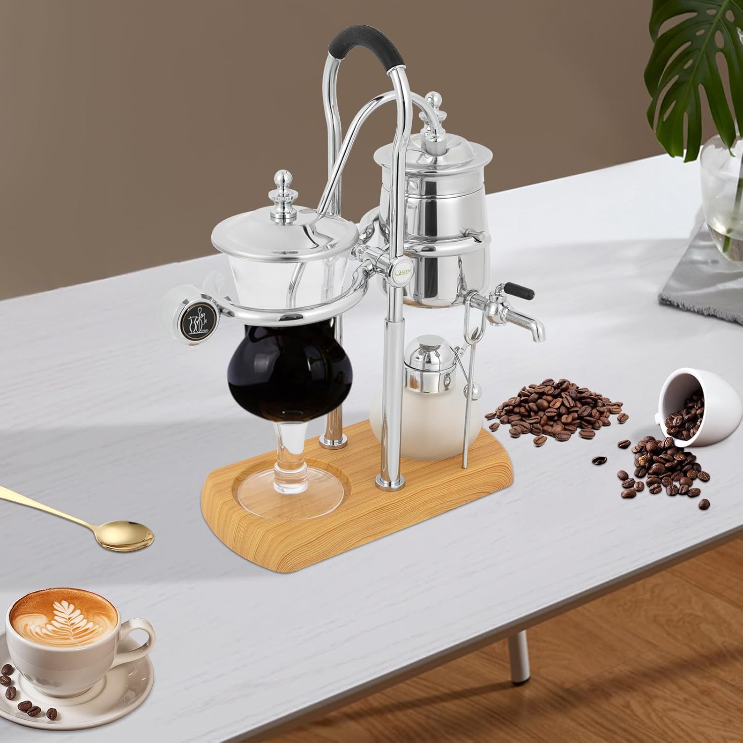 TFCFL Belgian/Belgium Luxury Royal Family Balance Syphon Coffee Maker, Vintage Siphon Brewer Siphon Coffee Maker, Elegant Design Retro-Style, Silver