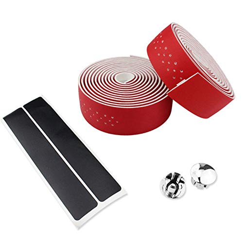 Bicycle Bike Handlebar Tape Luxury PU Leather Bar Tape Fixed Gear/Road Bike Bar Wrap with 2 Reflective Plug (Red)