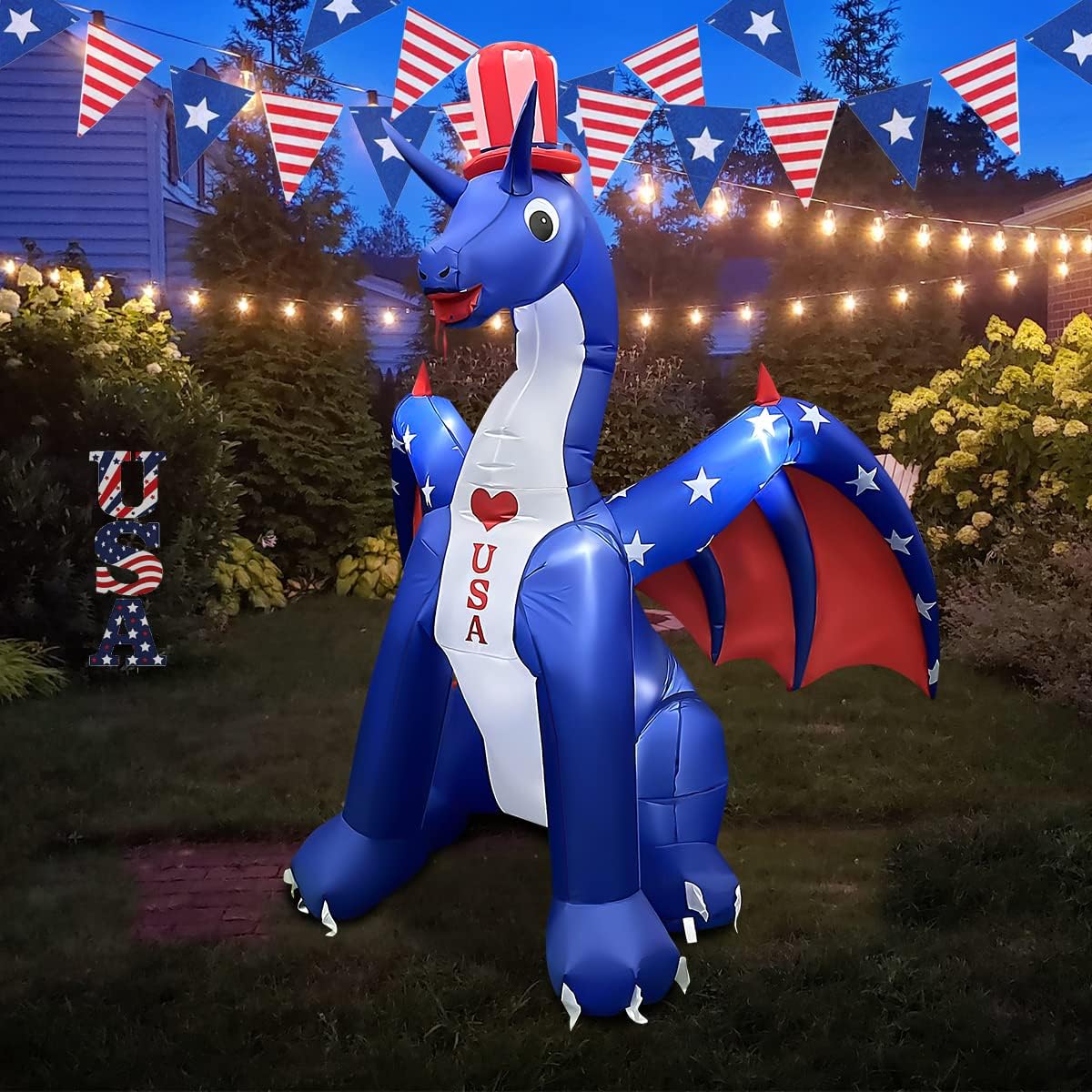 BLOWOUT FUN 8 FT Independence Day Inflatable Dragon with America Style Decorations Patriotic 4th of July for Home Yard Lawn Garden Indoor Outdoor Memorial Day Decorat