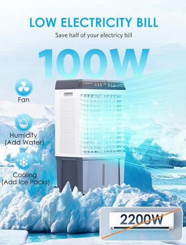 Air Choice Swamp Cooler, 1800 CFM Evaporative Air Cooler with 5.3 Gal Water Tank, 110° Swing, 3 Speeds, 4 Ice Box, Remote, 12H Timer, Portable Air Cooling Fan for Outdoor & Indoor, White & Dark Gray