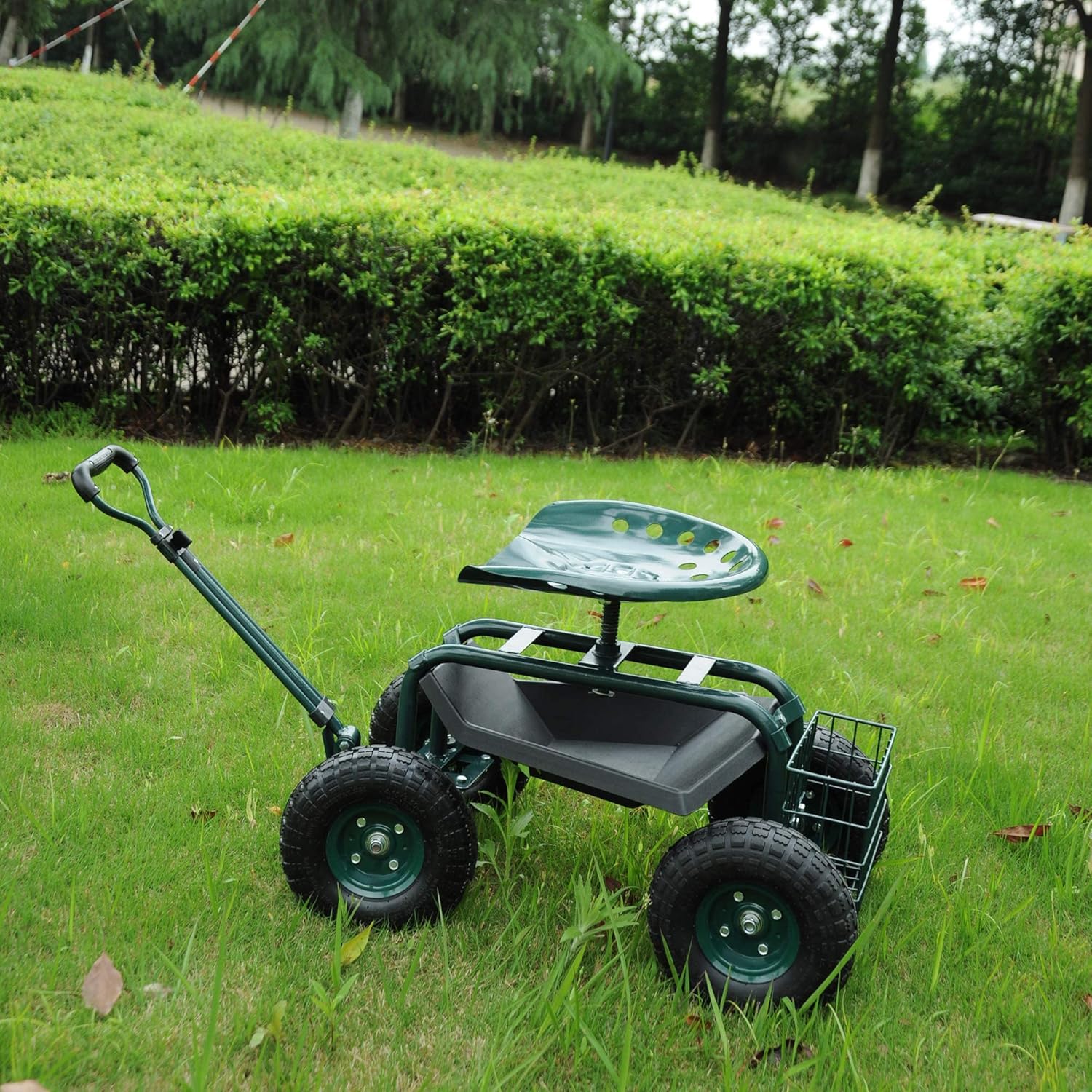 Steerable Garden Stool Cart with Tool Tray and Storage Basket on Wheels Rolling Work Seat Heavy Duty Scooter with Extendable Steer Handle Green