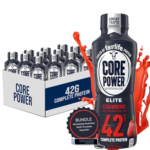 Worldwide Nutrition Bundle: Fairlife Core Power Elite 42g High Protein Milk Shake - Kosher, Chocolate Protein Shake for Workout Recovery - 14 Fl Oz (Pack of 12) & Multi-Purpose Key Chain