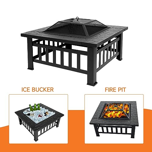 30" Fire Pit Table with Marble Tile Top, Fire Pit with Spark Screen Lid, Fire Grate, Waterproof Cover, and Fire Poker for Outside Patio, Yard Party, Garden