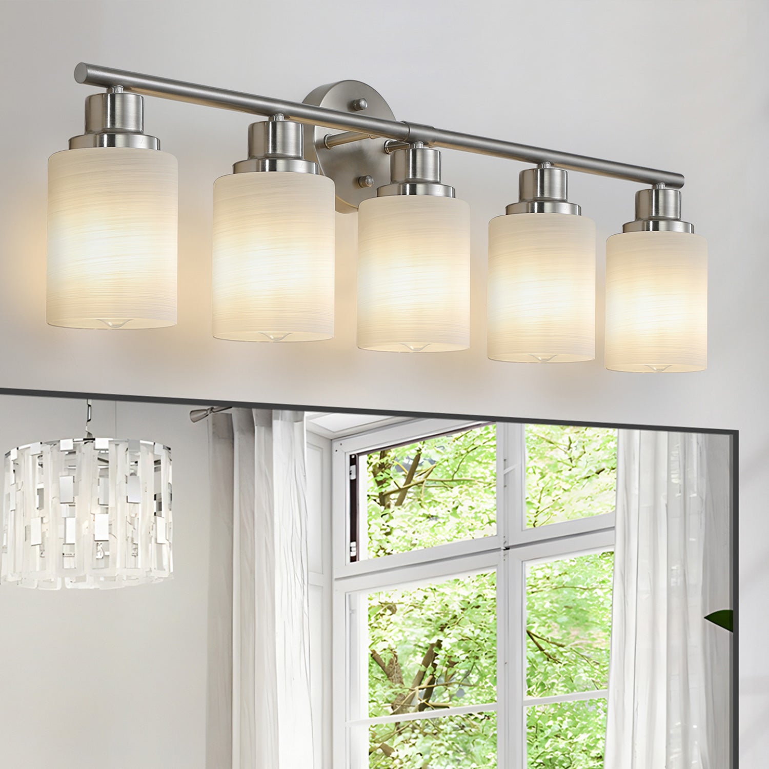 5-Light Silver Bathroom Vanity Light with Frosted Glass Shades - Wall Mounted Mirror Lighting for Bathroom/Bedroom, E26 Socket (Bulbs Not Included)