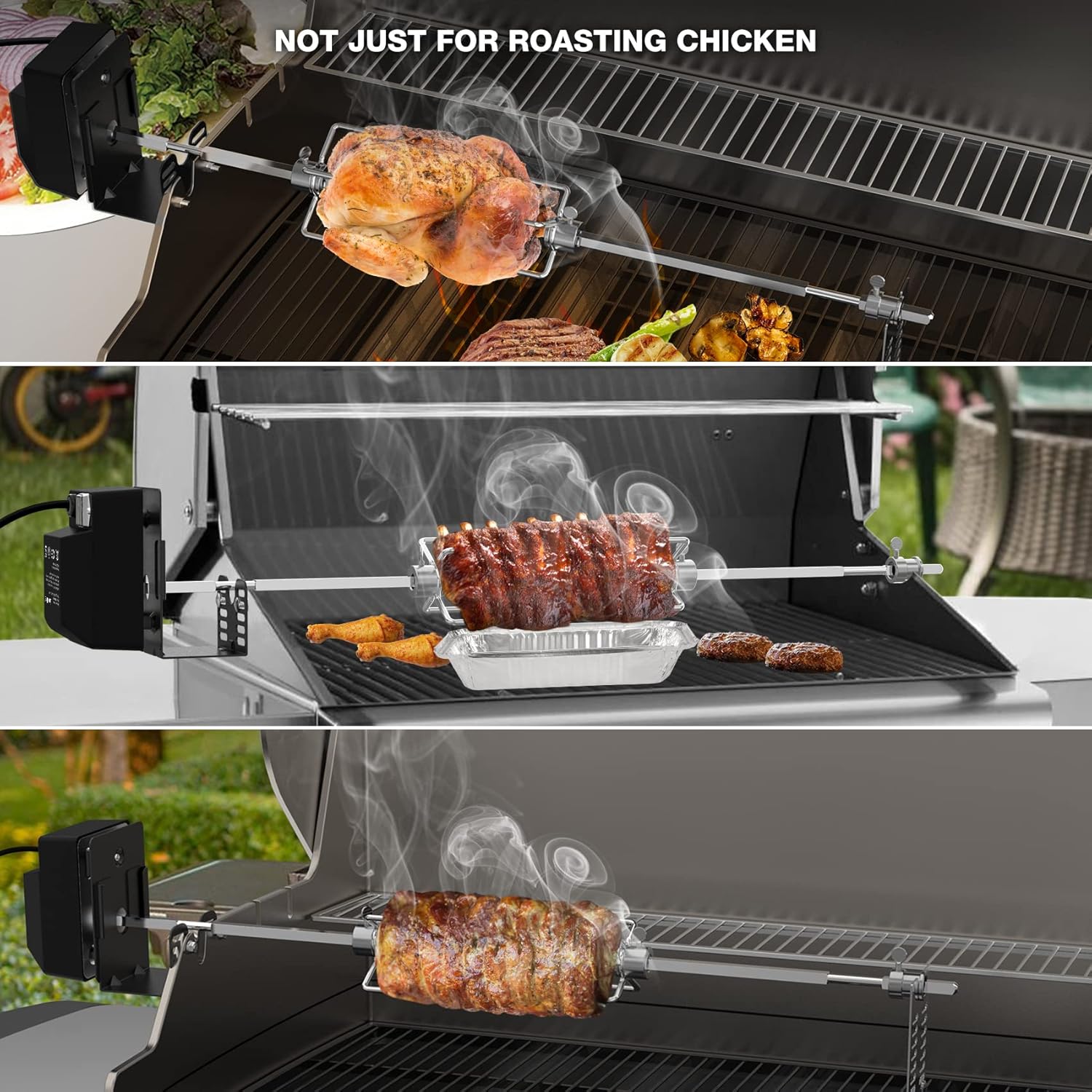 only fire Universal BBQ Grill Rotisserie Kit for Most Gas Grills, Include 110V 4W Electric Motor, 4-Prong Meat Forks and 28" Square Spit Rod