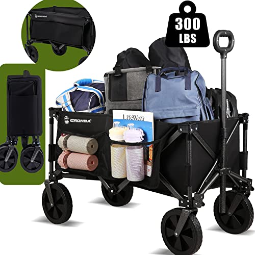 Collapsible Outdoor Utility Wagon with 300 lbs Capacity,Heavy Duty Folding Wagon with Side Pocket,Portable Grocery Wagon for Shopping Garden Camping Picnic,Black