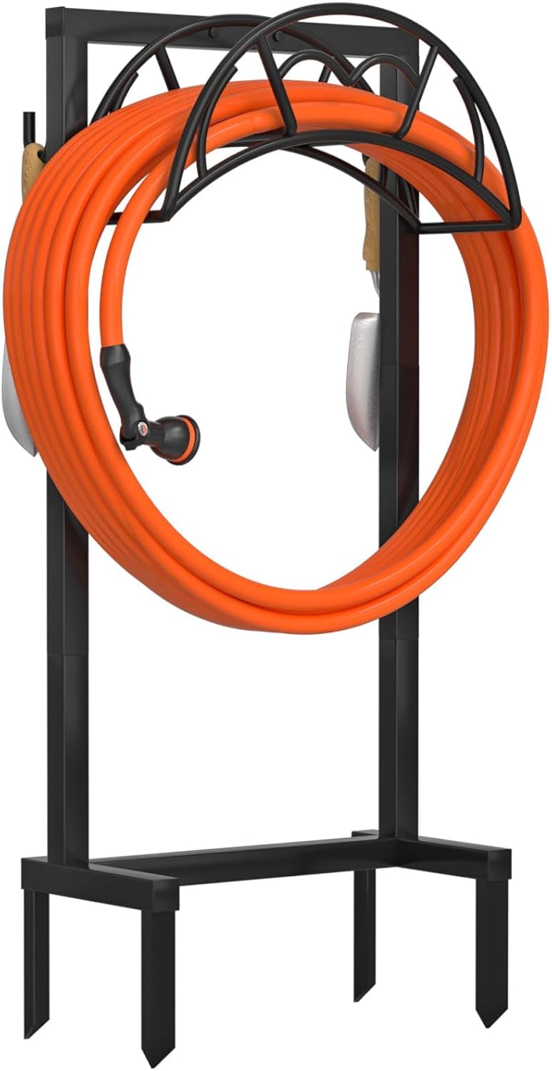 Garden Hose Holder, Freestanding Heavy Duty Water Hose Holder for Outside, Upgraded Metal Hose Stand with 4 Spikes, Detachable Garden Hose Storage Hose Reel Rack, Black