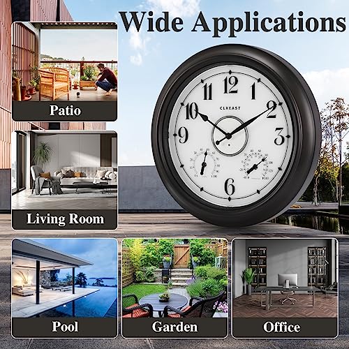 Illuminated Outdoor Clocks Waterproof 18 inch with Smart Sensor,Large Outdoor Clock with Thermometer & Hygrometer for Garden Patio Pool,Oil Rubbed Bronze Black,Unique Housewarming Gifts