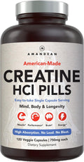 AMANDEAN Creatine HCl Pills. American Made CON-CRET. 120 Veggie Capsules. 7X Concentrated vs Monohydrate Powder. Supports Muscle Growth, Energy, Cognitive Function, Recovery. Gluten Free, Non-GMO.
